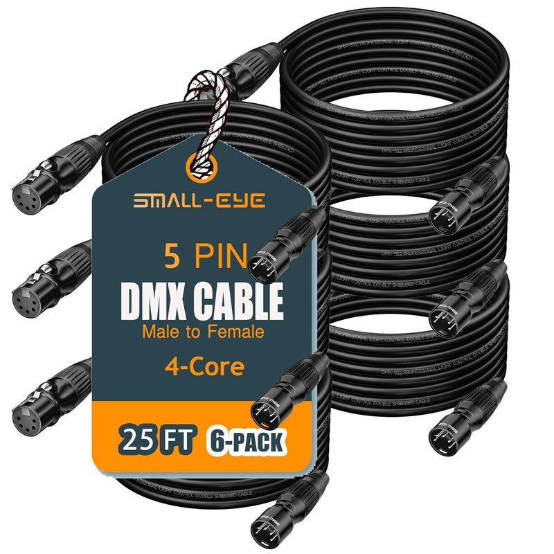 SMALL-EYE 5 Pin DMX Cable 25 ft 6 Pack – 4-Core Male to Female Stage Lighting DMX512 Cable (25') - Image 1